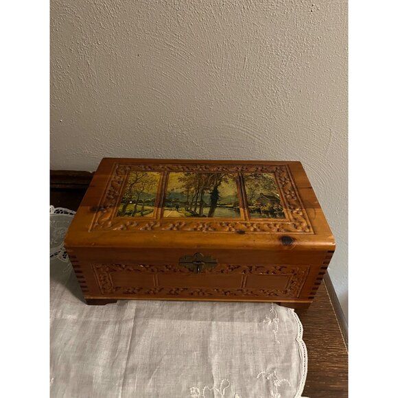 Vintage Etched Wooden Jewelry Keepsake Box with Mirror and Cottage Scene - Picture 1 of 8